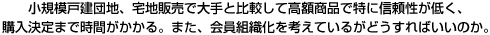 小規模戸建団地、宅地販売で大手と比較して高額商品で特に信頼性が低く、購入決定まで時間がかかる。また、会員組織化を考えているがどうすればいいのか。