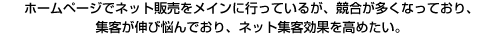 ホームページでネット販売をメインに行っているが、競合が多くなっており、集客が伸び悩んでおり、ネット集客効果を高めたい。