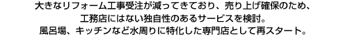 大きなリフォーム工事受注が減ってきており、売り上げ確保のため、工務店にはない独自性のあるサービスを検討。風呂場、キッチンなど水周りに特化した専門店として再スタート。